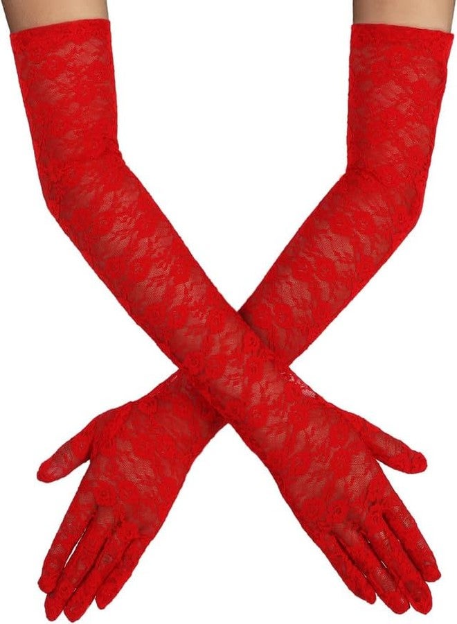 YANWENX Long Lace Gloves Bridal Gloves for Wedding Lace Gloves for Women Floral Opera Gloves Stretchy Elbow Length Gloves Party Costumes_Red - Image 1